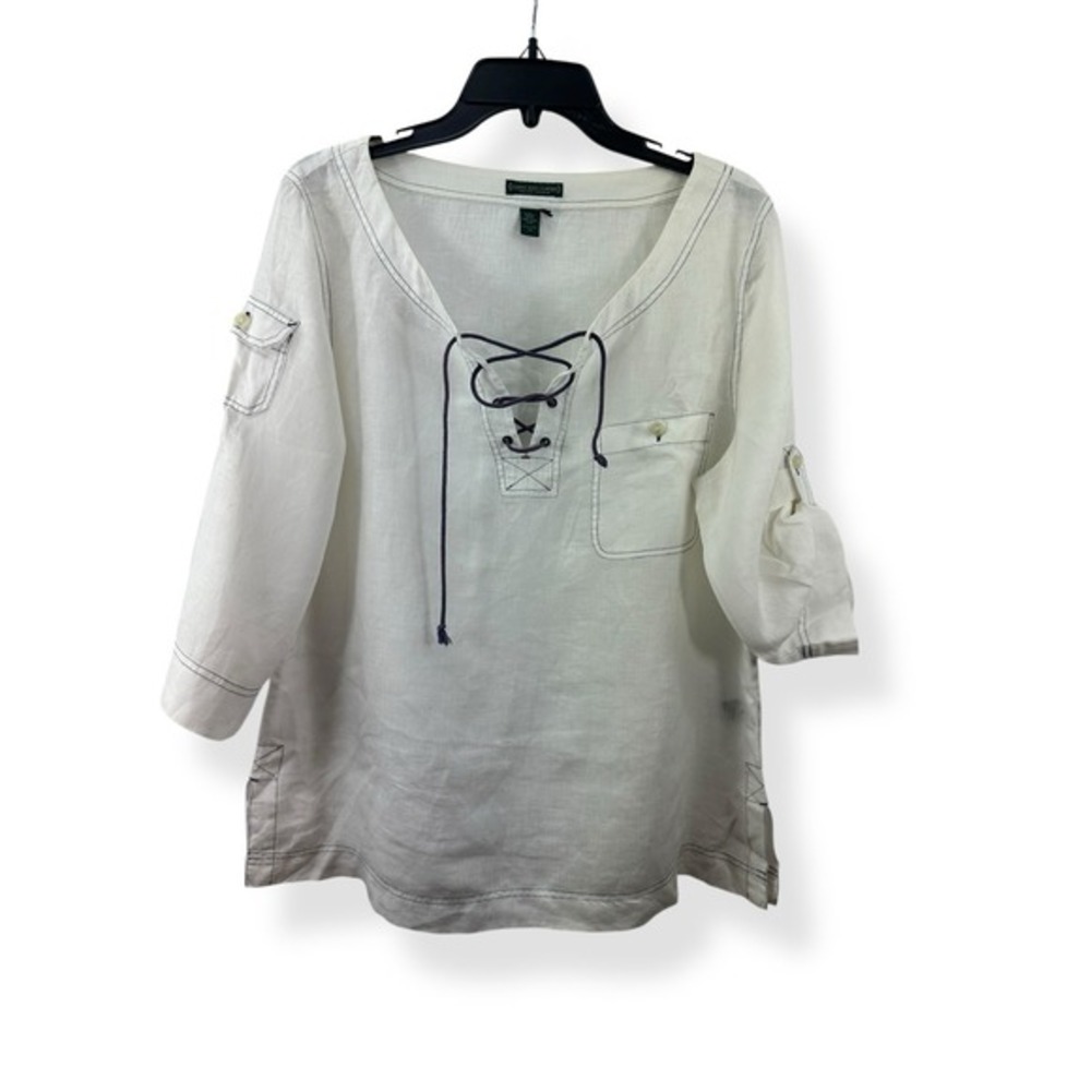 LRL Lauren Jeans Co. Women's 3/4 Sleeve White‎ Top Shirt String Neck Large EUC